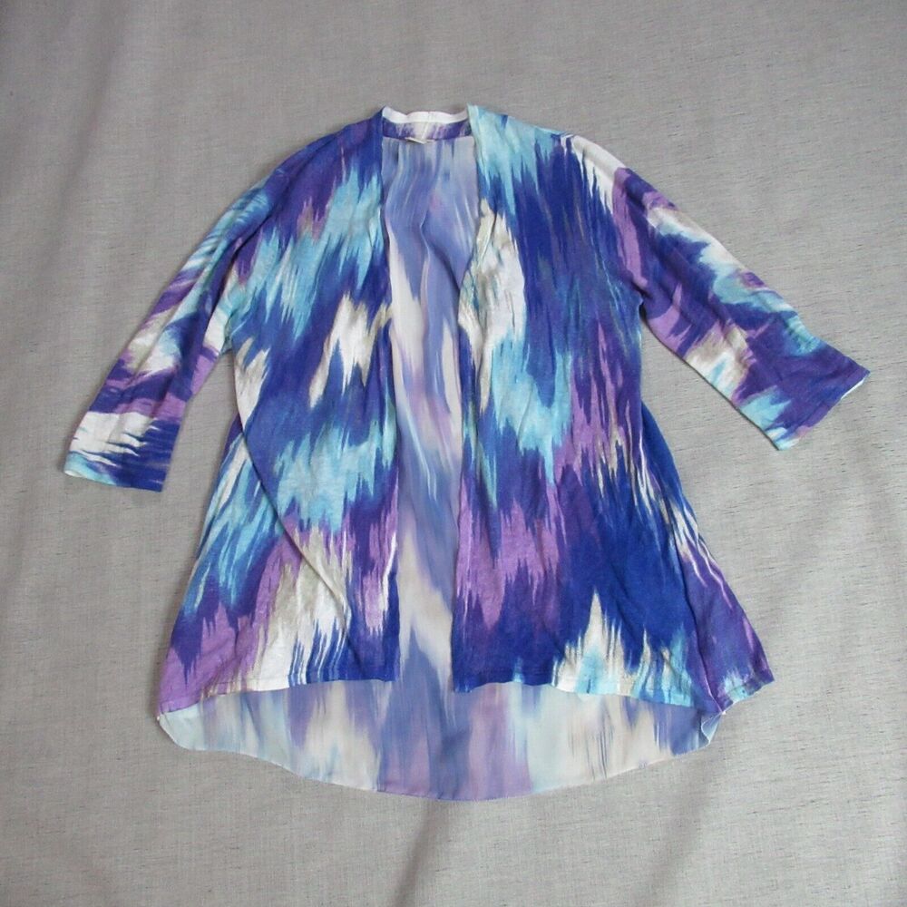 Chicos Cardigan Top Womens Size 1 Purple Blue Graphic Open Front Cozy Hipster